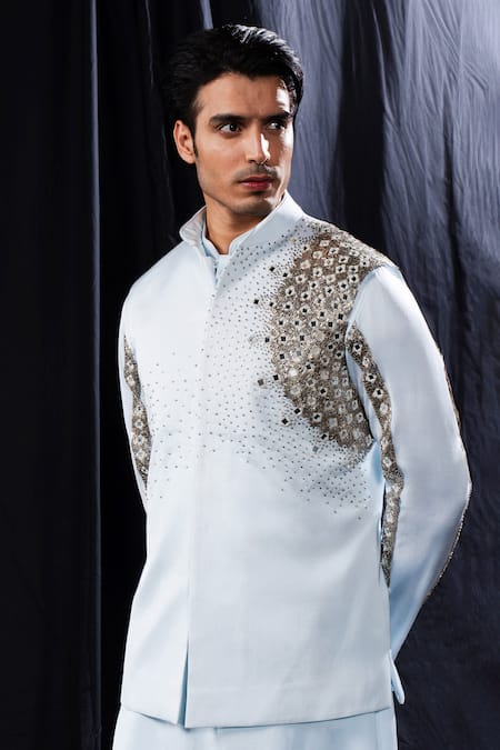 Arjuun Kilachand_Blue Linen Silk Embroidered Mirror Bundi Set _Online_at_Aza_Fashions