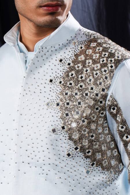 Buy_Arjuun Kilachand_Blue Linen Silk Embroidered Mirror Bundi Set _Online_at_Aza_Fashions