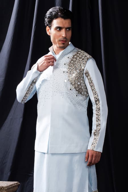 Shop_Arjuun Kilachand_Blue Linen Silk Embroidered Mirror Bundi Set _Online_at_Aza_Fashions