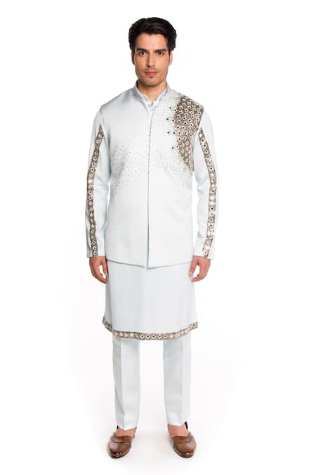 Arjuun Kilachand_Blue Linen Silk Embroidered Mirror Bundi Set _at_Aza_Fashions