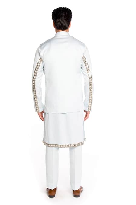 Buy_Arjuun Kilachand_Blue Linen Silk Embroidered Mirror Bundi Set 