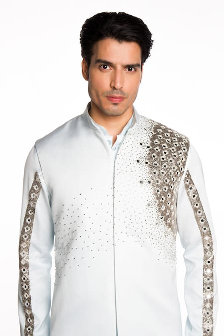 Shop_Arjuun Kilachand_Blue Linen Silk Embroidered Mirror Bundi Set 