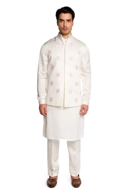 ARJUUN KILACHAND Ivory Linen Silk Embroidered Motif Floral Bundi With Kurta Set 