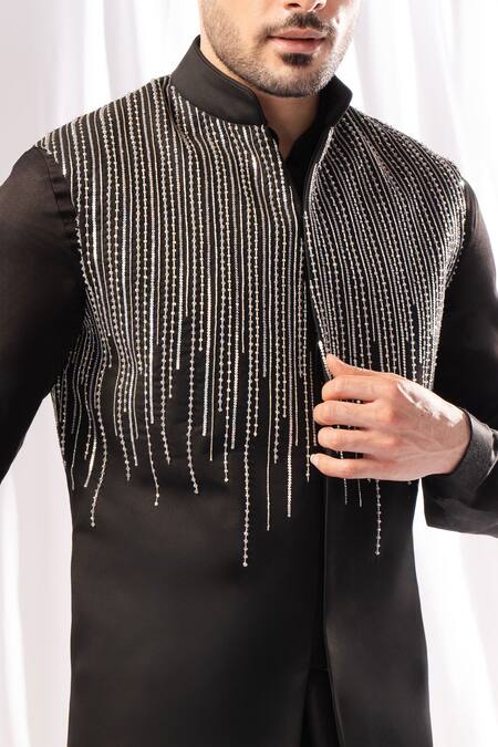 Buy Arjuun Kilachand Black Linen Silk Embroidered Sequin Bundi And Kurta Set Online at Aza Fashions Buy_Arjuun Kilachand_Black Linen Silk Embroidered Sequin Bundi And Kurta Set _Online_at_Aza_Fashions