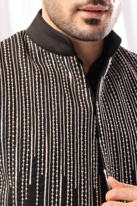 Shop Arjuun Kilachand Black Linen Silk Embroidered Sequin Bundi And Kurta Set Online at Aza Fashions Shop_Arjuun Kilachand_Black Linen Silk Embroidered Sequin Bundi And Kurta Set _Online_at_Aza_Fashions