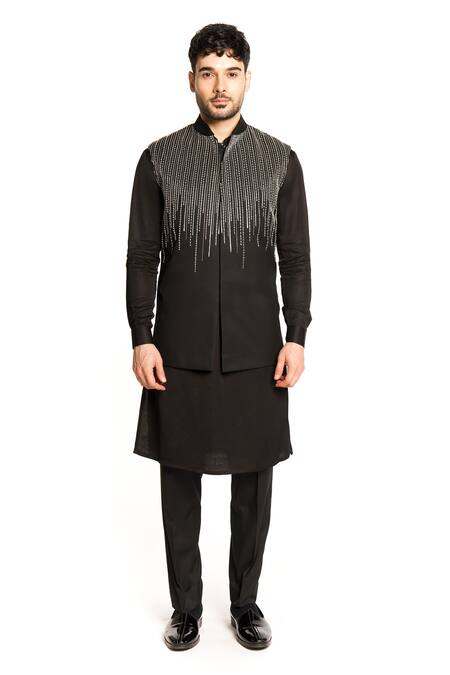 Buy Arjuun Kilachand Black Linen Silk Embroidered Sequin Bundi And Kurta Set Buy_Arjuun Kilachand_Black Linen Silk Embroidered Sequin Bundi And Kurta Set