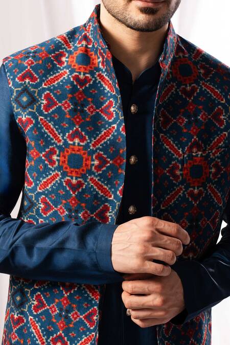 Buy_Arjuun Kilachand_Blue Pattern Long Open Bundi Set _Online_at_Aza_Fashions