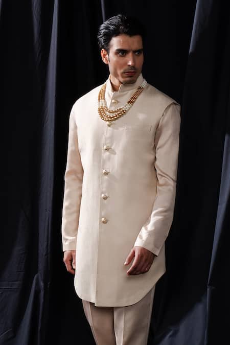 Arjuun Kilachand Beige Jacquard Long Bundi Set 