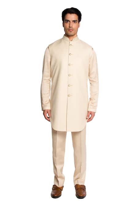 Shop Arjuun Kilachand Beige Jacquard Solid Long Bundi Set Online at Aza Fashions Shop_Arjuun Kilachand_Beige Jacquard Solid Long Bundi Set _Online_at_Aza_Fashions