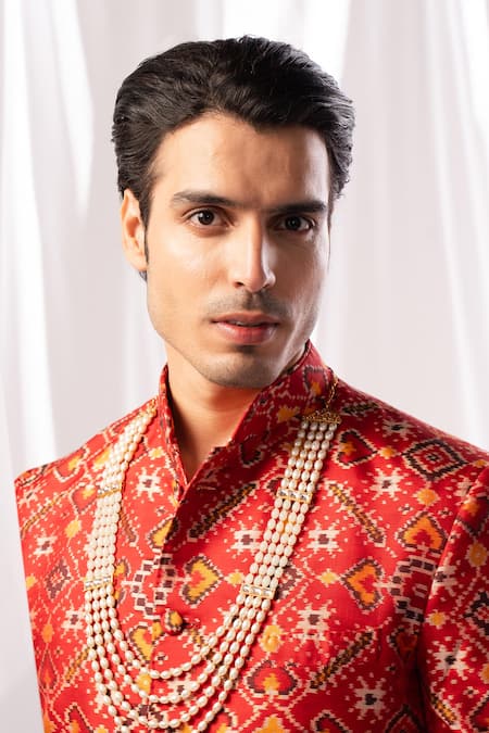 Arjuun Kilachand Red Patola Bandhgala With Pant Online at Aza Fashions Arjuun Kilachand_Red Patola Bandhgala With Pant _Online_at_Aza_Fashions