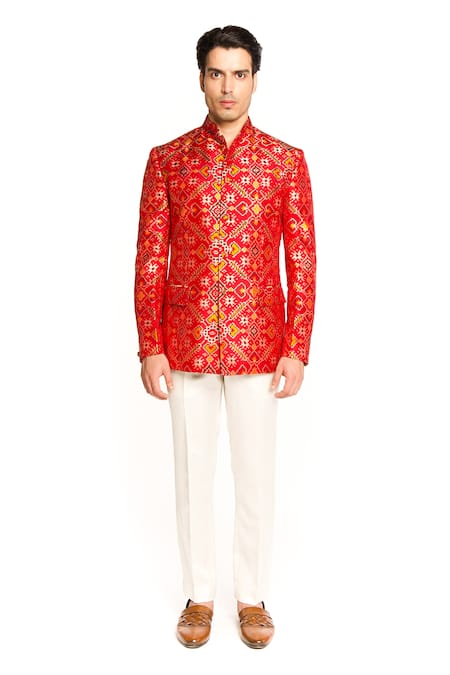 Shop Arjuun Kilachand Red Patola Bandhgala With Pant Online at Aza Fashions Shop_Arjuun Kilachand_Red Patola Bandhgala With Pant _Online_at_Aza_Fashions