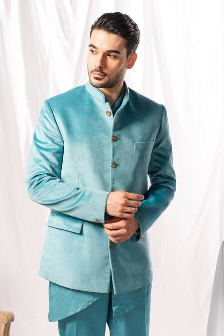 Arjuun Kilachand Blue Velvet Base Bandhgala With Kurta Set Online at Aza Fashions Arjuun Kilachand_Blue Velvet Base Bandhgala With Kurta Set _Online_at_Aza_Fashions