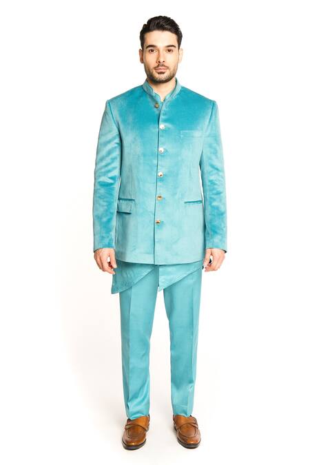 Shop Arjuun Kilachand Blue Velvet Base Bandhgala With Kurta Set Online at Aza Fashions Shop_Arjuun Kilachand_Blue Velvet Base Bandhgala With Kurta Set _Online_at_Aza_Fashions