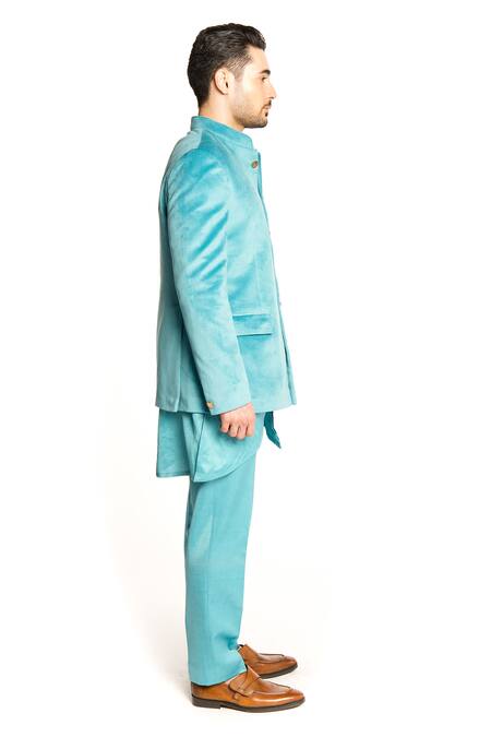 Arjuun Kilachand Blue Velvet Base Bandhgala With Kurta Set at Aza Fashions Arjuun Kilachand_Blue Velvet Base Bandhgala With Kurta Set _at_Aza_Fashions