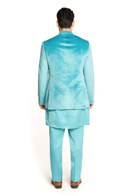 Buy Arjuun Kilachand Blue Velvet Base Bandhgala With Kurta Set Buy_Arjuun Kilachand_Blue Velvet Base Bandhgala With Kurta Set