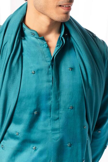 Arjuun Kilachand Blue Linen, Silk Embroidery Straight Kurta Set With Shawl Online at Aza Fashions Arjuun Kilachand_Blue Linen, Silk Embroidery Straight Kurta Set With Shawl _Online_at_Aza_Fashions