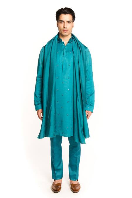 Shop Arjuun Kilachand Blue Linen, Silk Embroidery Straight Kurta Set With Shawl Online at Aza Fashions Shop_Arjuun Kilachand_Blue Linen, Silk Embroidery Straight Kurta Set With Shawl _Online_at_Aza_Fashions