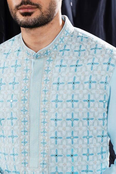 Arjuun Kilachand Blue Cotton, Silk Mirrors, Embroidery Straight Kurta Online at Aza Fashions Arjuun Kilachand_Blue Cotton, Silk Mirrors, Embroidery Straight Kurta _Online_at_Aza_Fashions