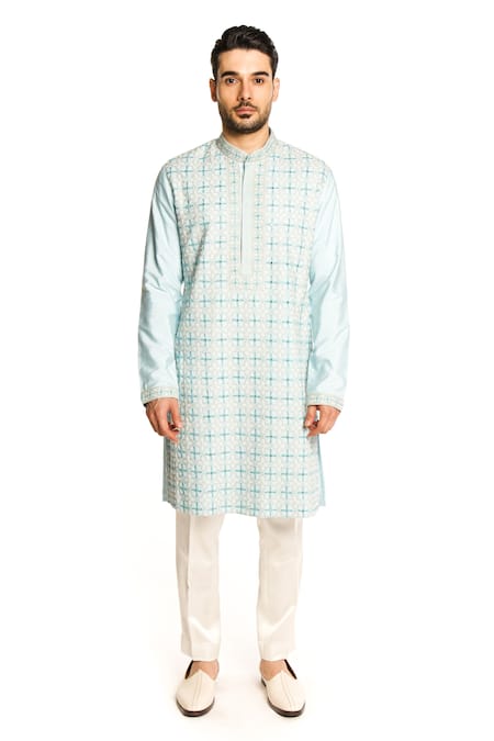 Buy Arjuun Kilachand Blue Cotton, Silk Mirrors, Embroidery Straight Kurta Online at Aza Fashions Buy_Arjuun Kilachand_Blue Cotton, Silk Mirrors, Embroidery Straight Kurta _Online_at_Aza_Fashions