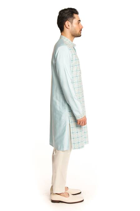 Shop Arjuun Kilachand Blue Cotton, Silk Mirrors, Embroidery Straight Kurta Online at Aza Fashions Shop_Arjuun Kilachand_Blue Cotton, Silk Mirrors, Embroidery Straight Kurta _Online_at_Aza_Fashions
