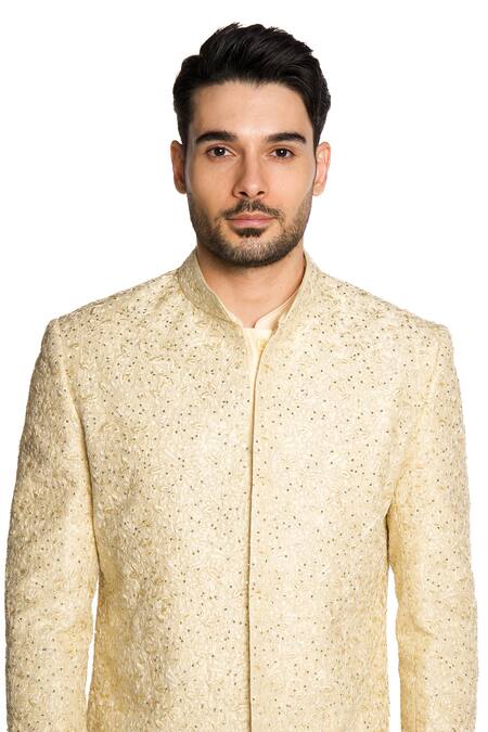 Buy Arjuun Kilachand Beige Raw Silk Embroidered Dori Sherwani With Kurta Set Online at Aza Fashions Buy_Arjuun Kilachand_Beige Raw Silk Embroidered Dori Sherwani With Kurta Set _Online_at_Aza_Fashions
