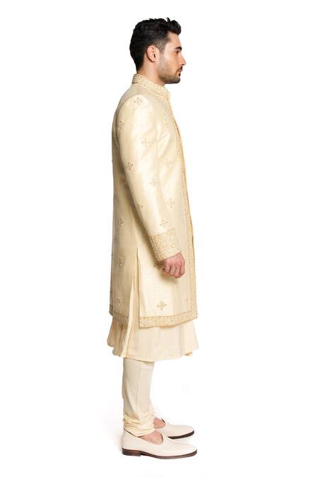 Buy Arjuun Kilachand Beige Raw Silk Embroidered Bead Motif Sherwani And Kurta Set Online at Aza Fashions Buy_Arjuun Kilachand_Beige Raw Silk Embroidered Bead Motif Sherwani And Kurta Set _Online_at_Aza_Fashions