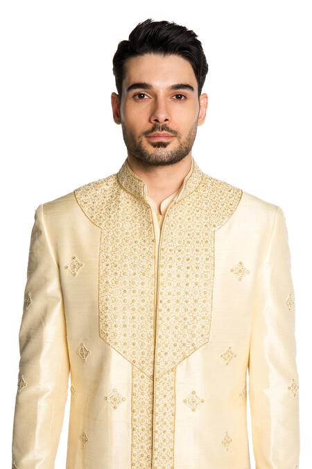 Shop Arjuun Kilachand Beige Raw Silk Embroidered Bead Motif Sherwani And Kurta Set Online at Aza Fashions Shop_Arjuun Kilachand_Beige Raw Silk Embroidered Bead Motif Sherwani And Kurta Set _Online_at_Aza_Fashions
