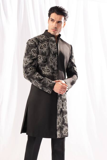 Arjuun Kilachand_Black Linen Silk Embroidered Bead Placement Sherwani And Kurta Set _Online_at_Aza_Fashions