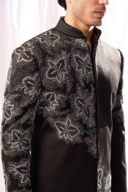 Buy_Arjuun Kilachand_Black Linen Silk Embroidered Bead Placement Sherwani And Kurta Set _Online_at_Aza_Fashions