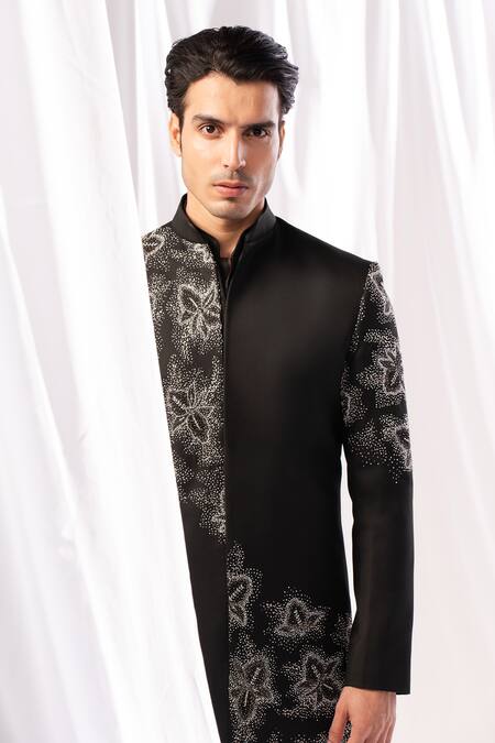 Shop_Arjuun Kilachand_Black Linen Silk Embroidered Bead Placement Sherwani And Kurta Set _Online_at_Aza_Fashions