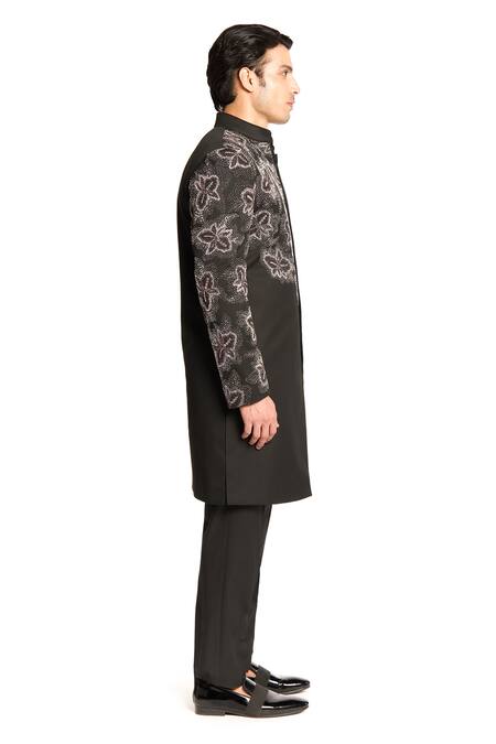 Buy_Arjuun Kilachand_Black Linen Silk Embroidered Bead Placement Sherwani And Kurta Set 