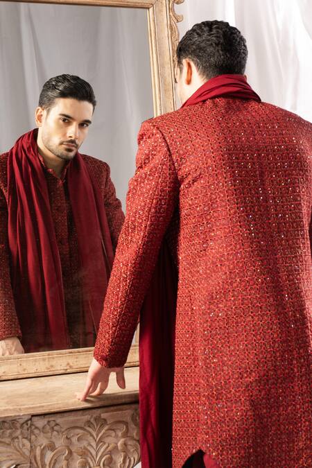 Arjuun Kilachand Maroon Linen Silk Embroidered Resham Sherwani With Pant Online at Aza Fashions Arjuun Kilachand_Maroon Linen Silk Embroidered Resham Sherwani With Pant _Online_at_Aza_Fashions