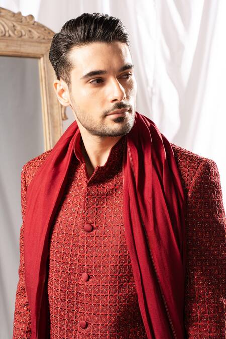 Buy Arjuun Kilachand Maroon Linen Silk Embroidered Resham Sherwani With Pant Online at Aza Fashions Buy_Arjuun Kilachand_Maroon Linen Silk Embroidered Resham Sherwani With Pant _Online_at_Aza_Fashions