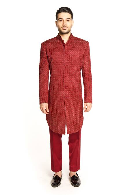 Shop Arjuun Kilachand Maroon Linen Silk Embroidered Resham Sherwani With Pant Online at Aza Fashions Shop_Arjuun Kilachand_Maroon Linen Silk Embroidered Resham Sherwani With Pant _Online_at_Aza_Fashions