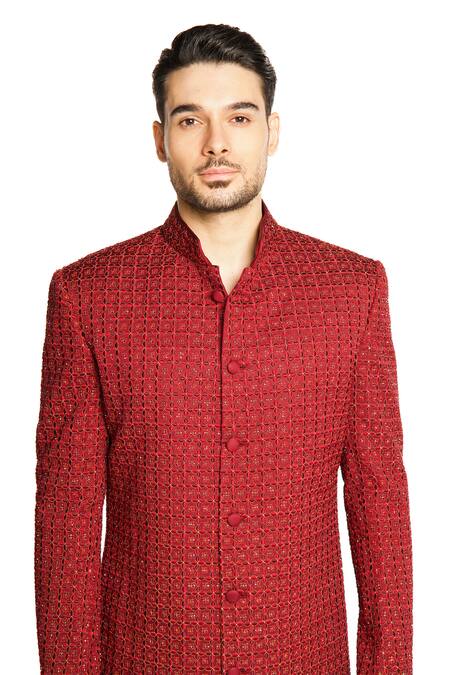 Buy Arjuun Kilachand Maroon Linen Silk Embroidered Resham Sherwani With Pant Buy_Arjuun Kilachand_Maroon Linen Silk Embroidered Resham Sherwani With Pant