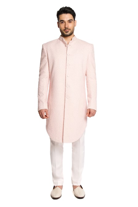 ARJUUN KILACHAND Pink Linen Silk Embroidered Thread Sherwani With Pant 