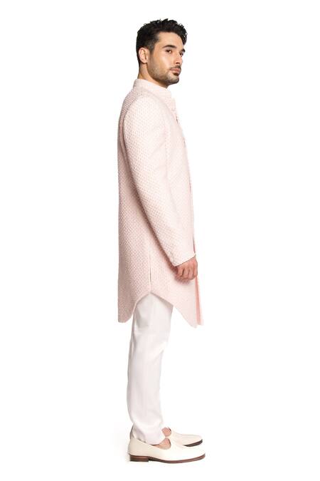 Buy_Arjuun Kilachand_Pink Linen Silk Embroidered Thread Sherwani With Pant _Online_at_Aza_Fashions