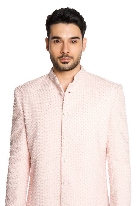 Shop_Arjuun Kilachand_Pink Linen Silk Embroidered Thread Sherwani With Pant _Online_at_Aza_Fashions