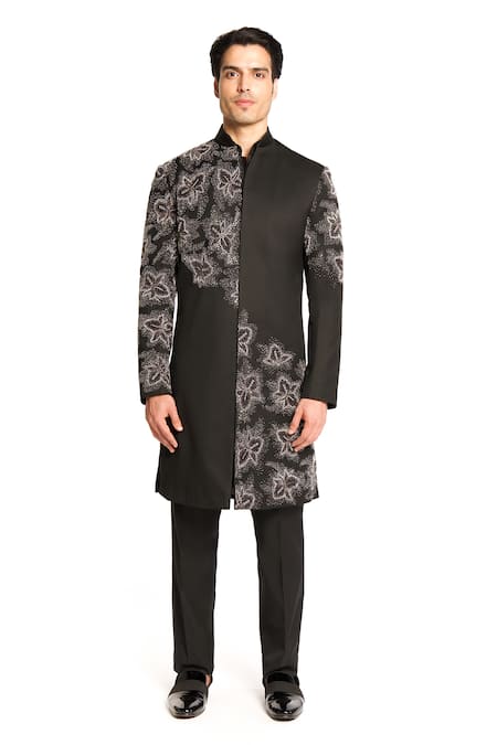 ARJUUN KILACHAND Black Linen Silk Embroidered Bead Placement Sherwani And Kurta Set 