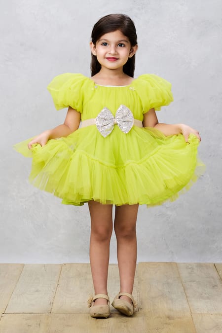 Pinkcow designs pvt ltd Green Buttercrepe Embroidery Sequins Ruffle Dress 