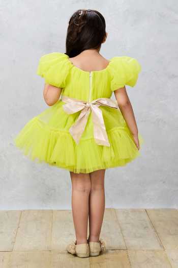 Pinkcow designs pvt ltd_Green Net, Cotton Sequins Ruffle Embroidered Dress _Online_at_Aza_Fashions