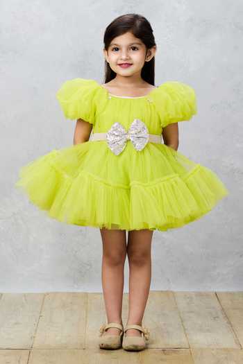 Buy_Pinkcow designs pvt ltd_Green Net, Cotton Sequins Ruffle Embroidered Dress _Online_at_Aza_Fashions
