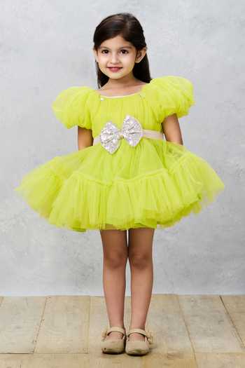 Shop_Pinkcow designs pvt ltd_Green Net, Cotton Sequins Ruffle Embroidered Dress _Online_at_Aza_Fashions