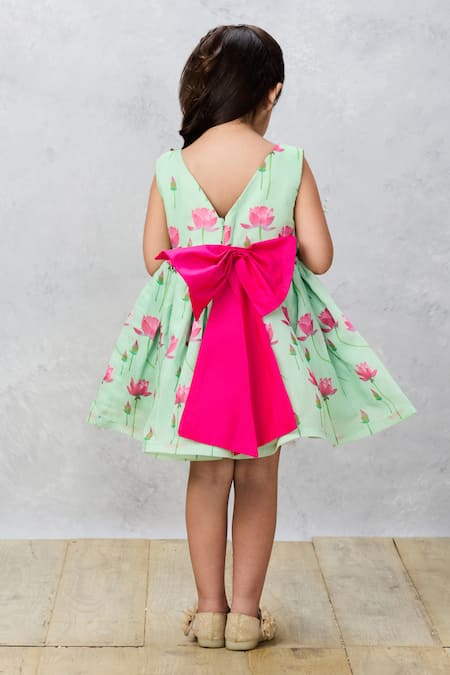 Pinkcow designs pvt ltd_Green Chanderi Bows Lotus Print Dress _Online_at_Aza_Fashions