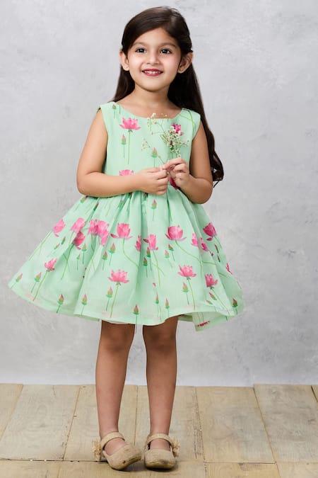 Buy_Pinkcow designs pvt ltd_Green Chanderi Bows Lotus Print Dress _Online_at_Aza_Fashions
