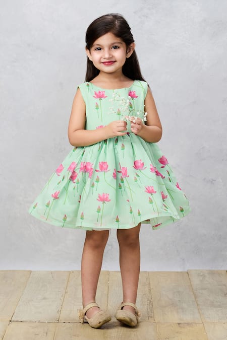 Shop_Pinkcow designs pvt ltd_Green Chanderi Bows Lotus Print Dress _Online_at_Aza_Fashions