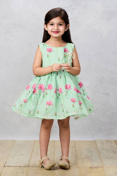 Pinkcow designs pvt ltd_Green Chanderi Bows Lotus Print Dress _at_Aza_Fashions