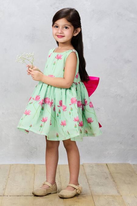 Buy_Pinkcow designs pvt ltd_Green Chanderi Bows Lotus Print Dress 