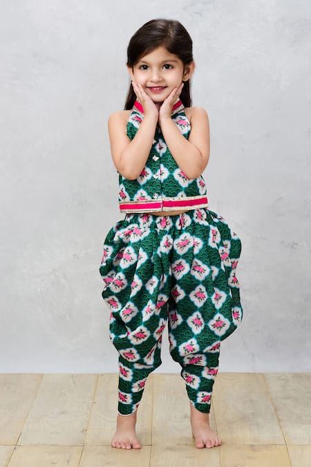 Pinkcow designs pvt ltd_Green Cotton Gota Patti Floral Print Top With Dhoti Pant _Online_at_Aza_Fashions