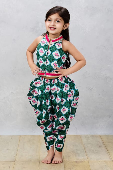 Buy_Pinkcow designs pvt ltd_Green Cotton Gota Patti Floral Print Top With Dhoti Pant _Online_at_Aza_Fashions